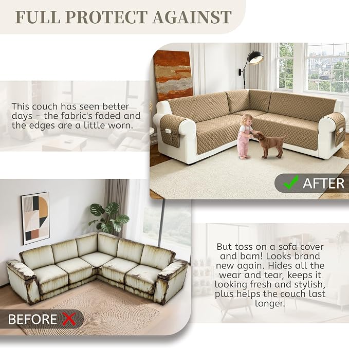 Sectional Couch Covers for Dogs 100% Waterproof Corner L Shaped Sofa Cover Pet Friendly Velvet Washable Anti Slip L Shape Modular Sofa Slipcover Protector with Pockets (Light Brown, Large) - Image 7