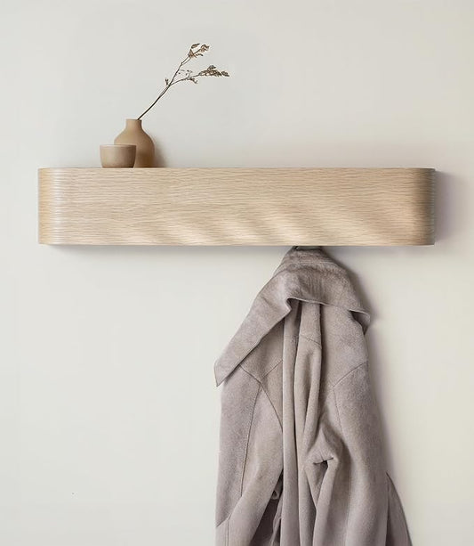 Kazai. Wall-Mounted Coat Rack 'Toke' - Modern Design Coat Rack with Hidden Wall Hooks - Solid Wood Veneer Panel Coat Hanger - Oak, White by KAZAI