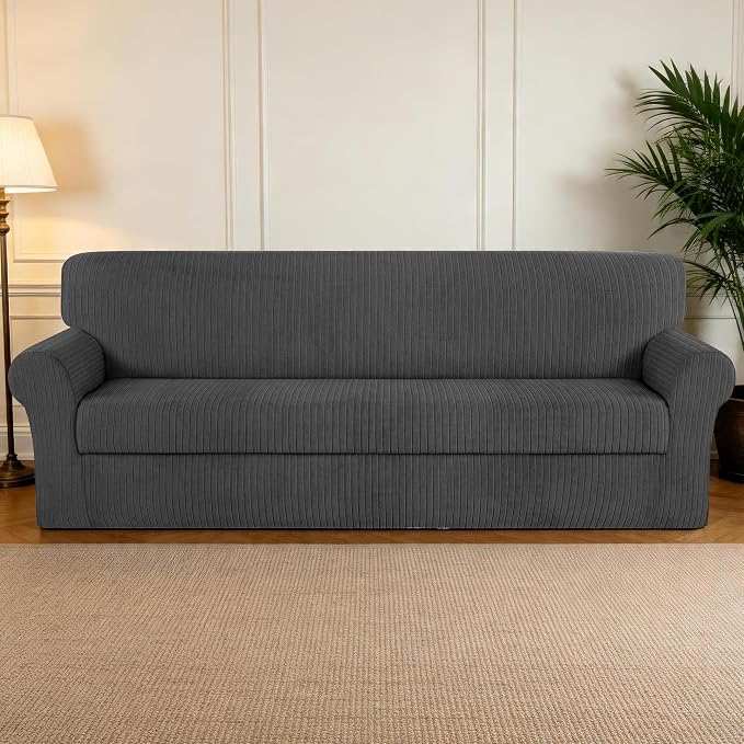 Oversized Sofa Cover Stretching Skid Resistance Couch Cover for Pets Washable, Thick and Durable Soft High Spandex Striped Pattern Sofa Covers (Oversized Sofa, Dark Gray) - Image 7
