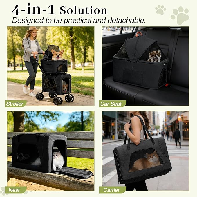Pet Stroller for Dogs and Cats, 4 in 1 Cat Strollers for 2 Cats, Foldable Dog Stroller for Medium Dogs 20 lbs with Cup Holder and Storage Bag, Suitable for All-Terrain, Dog Gifts