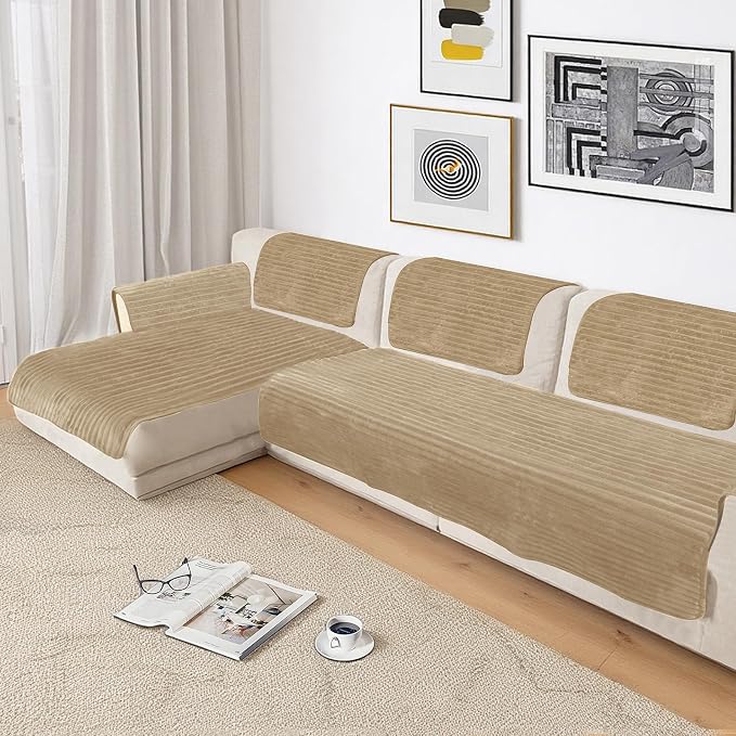 NAISI Couch Covers for Dogs Waterproof Flannel Striped Sofa Cover Pet Friendly Washable Dog Mat for Couch Anti Slip Sectional Sofa Slipcover Protector(2pcs/35"x63"+35"x70",Camel) - Image 5