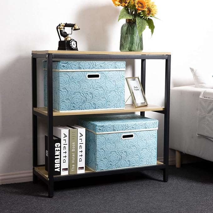 PRANDOM Large Collapsible Storage Boxes with Lids [5-Pack] Fabric Decorative Storage Bins Cubes Organizer Containers Baskets with Cover Handles for Bedroom Closet Nursery Blue 17.5x11.8x11.8 Inch - Image 2