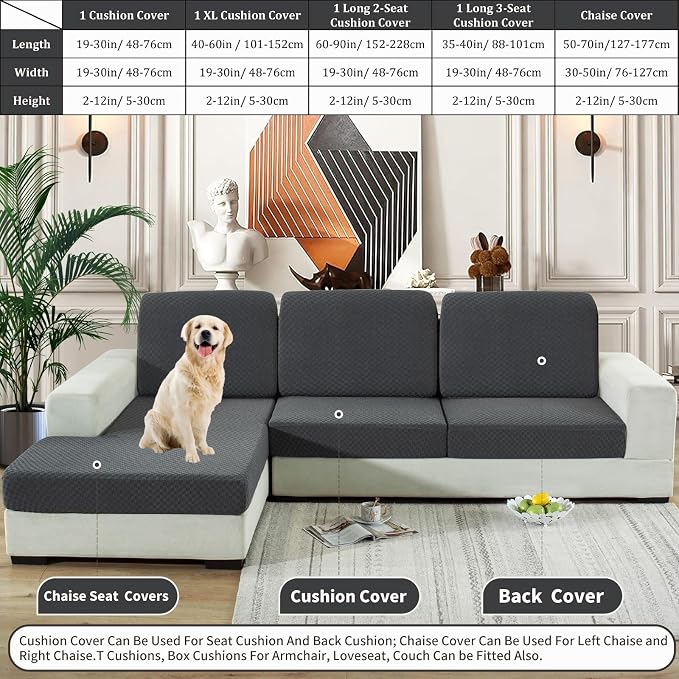 YEMYHOM Stretch Individual Cushion Covers Sofa Chair Seat Cushion Slipcovers Soft Couch Cover Replacement Large Checkered Furniture Protector with Elastic Bottom (1 Pc Cushion Cover, Dark Gray) - Image 7