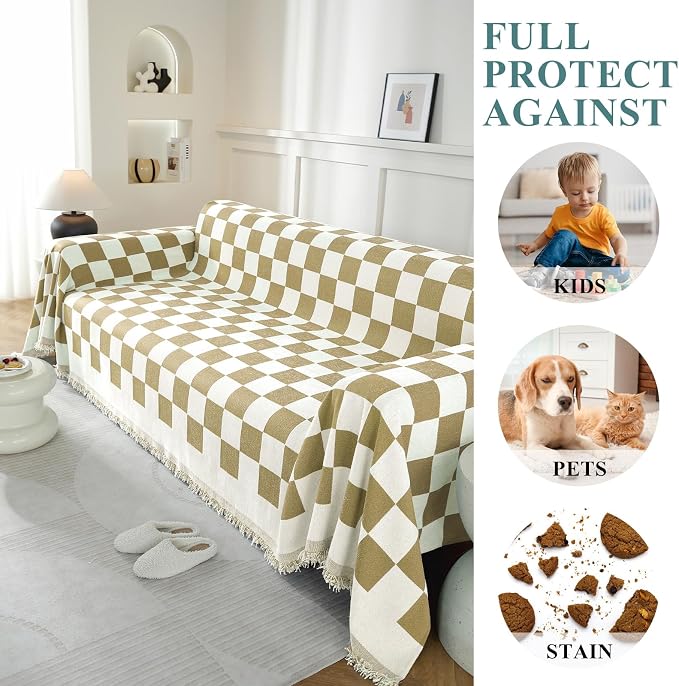 Couch Cover for Sofa, Boho Sofa Cover Washable Couch Cover for Dogs, Pet Sofa Cover for 3-Cushion Couches with Tassel Furniture Protector Cover,71" x 134",Khaki-Square - Image 4