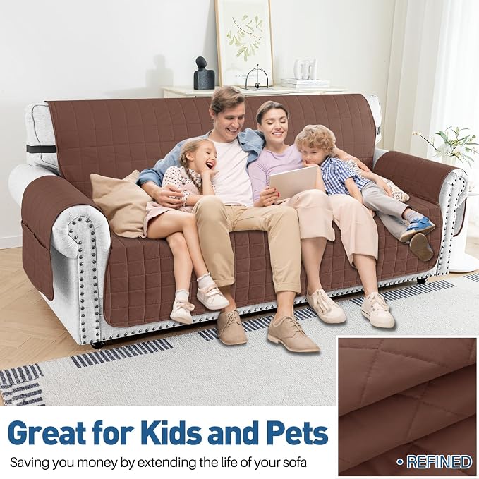 MAXIJIN Waterproof Couch Covers for 3 Cushion Couch Sofa Pet Friendly, 69" Quilted Sofa Covers Washable Dog Couch Cover Protector with Elastic Strap & Side Pocket (Sofa, Coffee) - Image 2