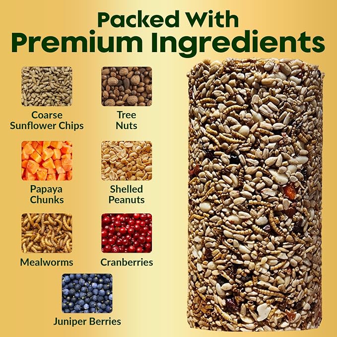 Bugs, Nuts & Berries Bird Seed Cylinders with Hole - USA Made (4" x 7.75") | Mealworms, Nuts & Berries Blend, Protein Rich, Cylinder Bird Seed, No Filler, Attract Wild Birds, Natural Ingredients, 1.5lbs - Image 2