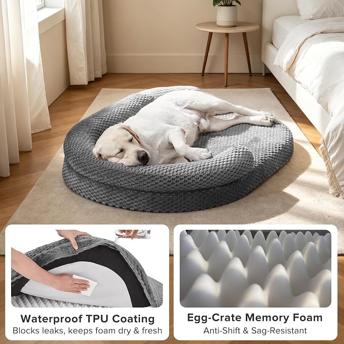 JOEJOY Orthopedic Dog Beds Large Sized Dog, Washable Waterproof Oval Large Dog Bed with Removable Cover, Big Egg-Crate Memory Foam Pet Bed with Bolster Sides & Non-Skid Bottom, Dark Grey, 36''x27'' - Image 5