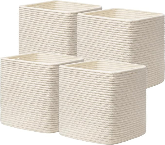 joybest 11inch Cube Storage Bins, Cotton Rope Woven Organizer Basket | Set of 4 Cube Bin Square Shelves Organizer Closet Storage, Nursery, Toy Organization, Beige by joybest