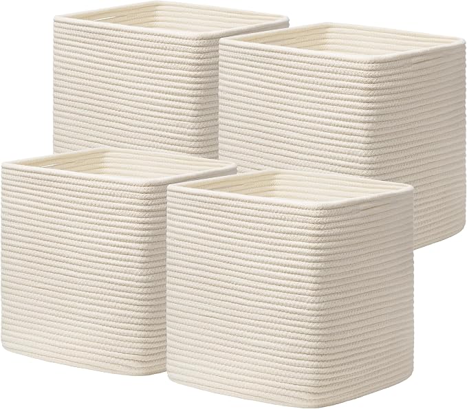 joybest 13inch Cube Storage Bins, Cotton Rope Woven Organizer Basket | Set of 4 Cube Bin Square Shelves Organizer Closet Storage, Nursery, Toy Organization, Beige by joybest