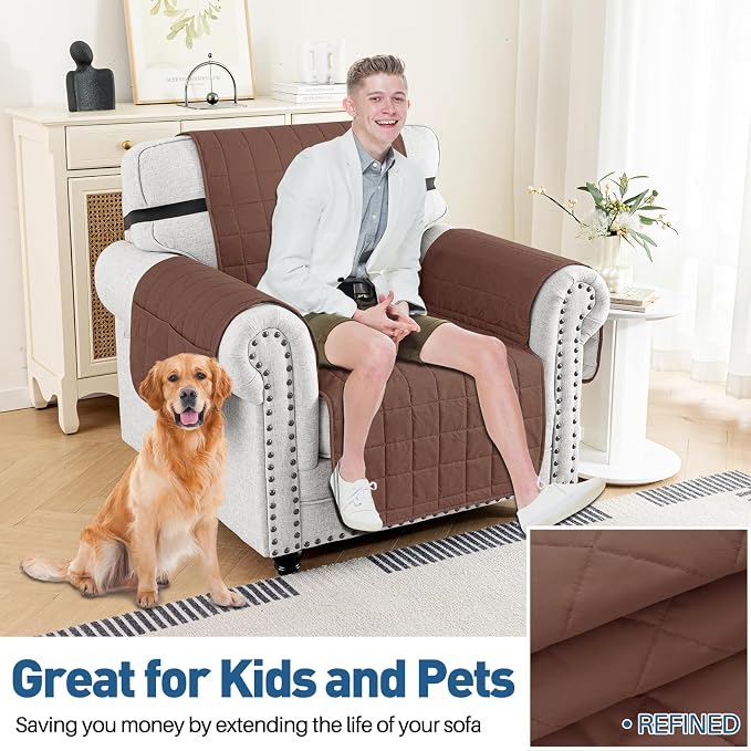 MAXIJIN Waterproof Chair Cover Slipcovers for Pets Dogs, 23.5" Quilted Armchair Sofa Cover Washable Dog Couch Covers Protector with Elastic Strap & Side Pocket (Chair, Coffee) - Image 2