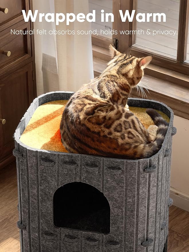 FUKUMARU Cat House for Indoor Cats, Warm Felt Cat Bed, Scratch Resistant | Large Cat Bed Cave, 3-in-1 Cat Condo, Cozy Felt Covered Cats Tunnel, 23.62 Inch Kitten Hideaway for Multicats, Dark Grey - Image 5