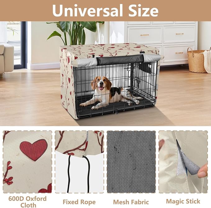 Dog Crate Cover Kennel Cover for Dog Cages Breathable for Wire Cage Indoor Outdoor Valentine Hearts Floral Beige - Image 4