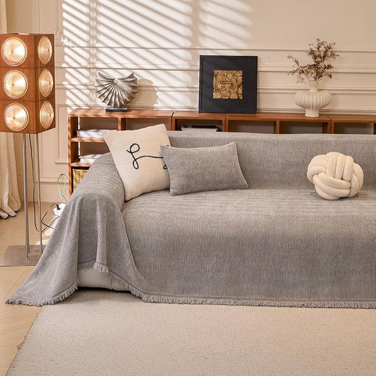 Solid Chenille Couch Cover for Dog Light Grey Throw Style Sofa Cover | Non Slip Washable Sofa Slipcover for L-Shaped Sofa, 3-4 Cushion Couch, Lounge Chaise, Bottom Tassels, XX-Large, 71"x150" by REYOSGetCozyLife