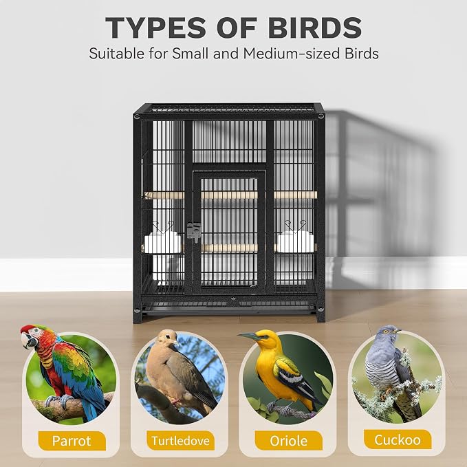 DWVO 41-inch Metal Bird Cage | Large Parrot Cages with Rolling Stand​ - Features Tray, Food Boxes & Wooden Perches - Image 4
