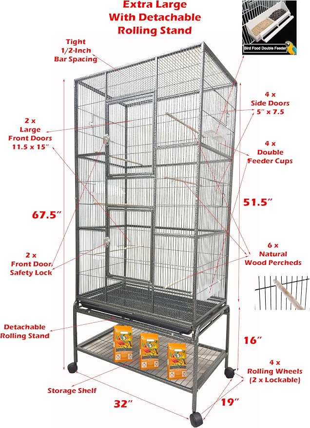 Extra Large 32" x 19" x 67.5"H Wrought Iron Tight Bar Spacing Breeding Flight Canary Parakeet Cockatiel Lovebird Finch Breeder Cage Side Doors Double Feeder Cup with Detachable Rolling Stand - Image 2