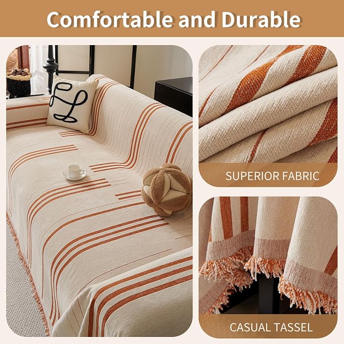 Boho Couch Covers for Sofa Washable Sofa Covers for 3 Cushion Couch Soft Non Slip Couch Covers for Sectional Sofa Dog Pet Furniture Protector﻿ (Orange, 71"*134") - Image 2