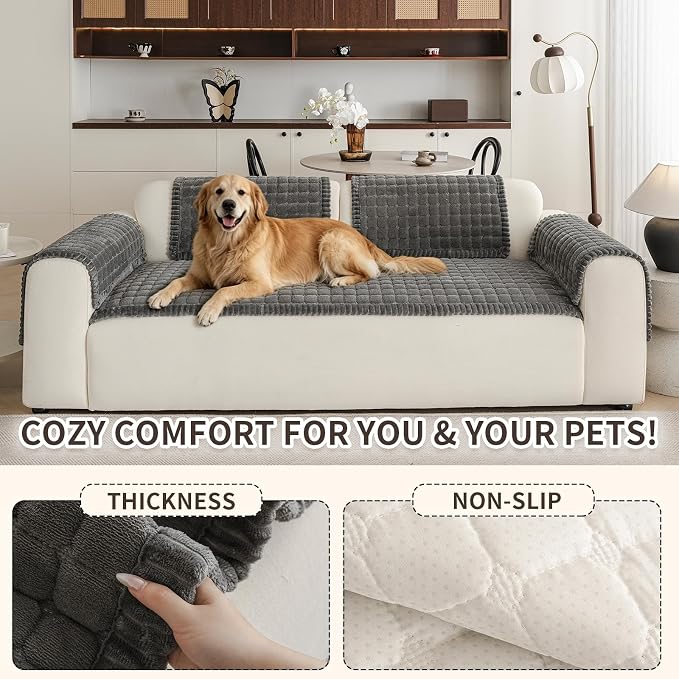 Couch Covers for Sofa Washable, Non Slip Couch Covers for Dogs, Soft Plush Pet Friendly Dog Couch Cover, Plaid Couch Protector for Dogs, Pet Couch Cover for 2-3 Seats(Dark Grey,28"×94",1PC) - Image 5