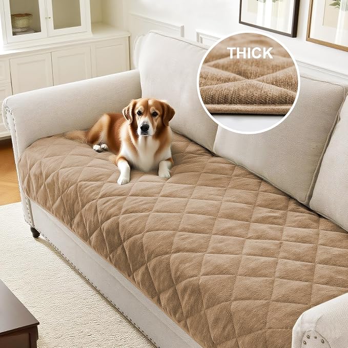 Couch Covers for Dogs Chenille Sofa Covers for 3 Cushion Washable Quilted Checkered Fuzzy Pet Couch Cover Soft Couch Protector Non-Slip Sofa Pads for Puppy Cat Kids(34.5" x 70", Khaki) - Image 2