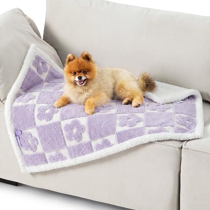 LE SURE Waterproof Dog Blankets for Small Dogs Cute Cozy 3D Jacquard,25x35 | Puppy Blanket for Cat Aesthetic Gift, Warm Soft Sherpa Throw Washable, Reversible Pet Couch Protector, Lavender Flower Checks - Image 7