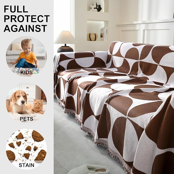 Couch Cover for Sofa, Boho Sofa Cover Washable Couch Cover for Dogs, Pet Sofa Cover for 3-Cushion Couches with Tassel Furniture Protector Cover,71" x 134",Dark Coffee-Half-Round-2 - Image 4