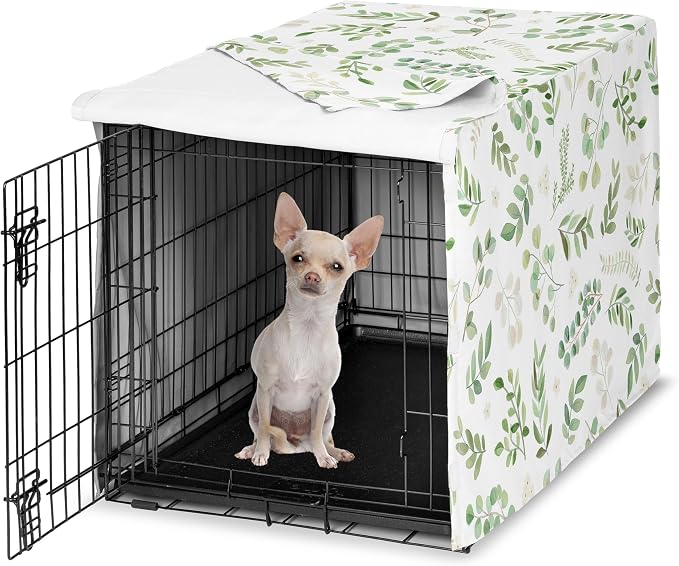 Sweet Jojo Designs 24in. Small Dog Crate Cover (Green Boho Floral Leaf) Pet Cage, Kennel Covers (Bohemian, Watercolor, Botanical, Flower, Woodland, Tropical, Garden, Nature, Neutral, Sage and White) by SweetJojoDesigns