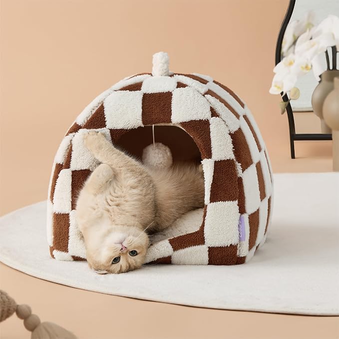 Lesure 2in1 Cute Cat House for Kitten with Washable Cushioned Pillow,17.3in | Cat Beds for Indoor Cats,Small Pet Cave Tent,Cozy Enclosed Foldable Hideaway,Fluffy Ball,Anti Slip Bottom,Hand Strap,Brown - Image 2