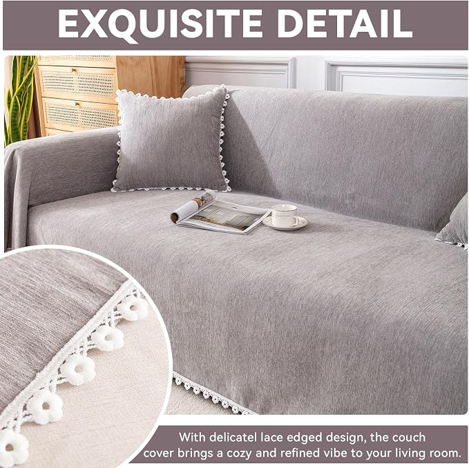 VClife Oversize Couch Cover Washable Sofa Cover for Dog Cat, Soft Chenille Couch Cover for 3-4 Cushion Couch Sofa Pet Friendly Slip Cover Furniture Protector for Home Living Room, Gray, 71"X150" - Image 4