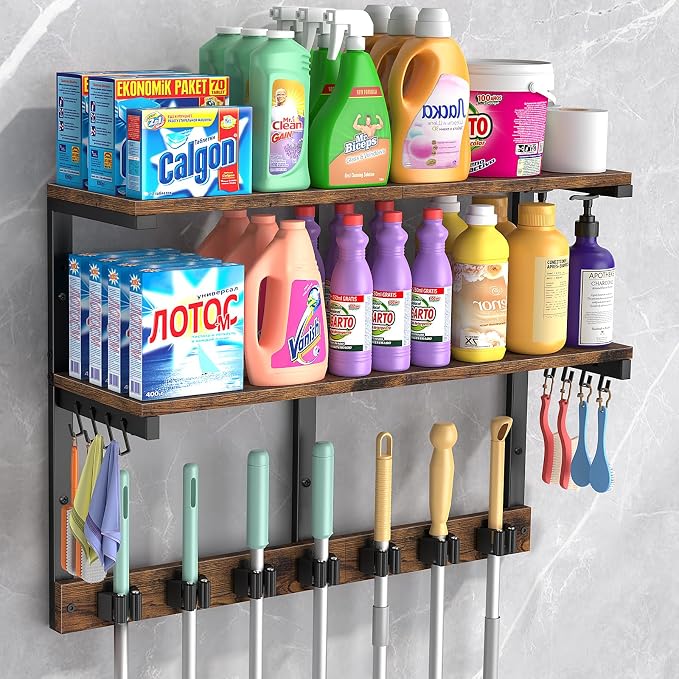 Housolution Wall Mount Broom Holder Laundry Room Storage Organizer Shelves | 2 Tier Large Capacity, Thickened Metal Frame, 100 LBS High Load-Bearing, Multifunctional with 7 Grippers & 8 Hooks by Housolution
