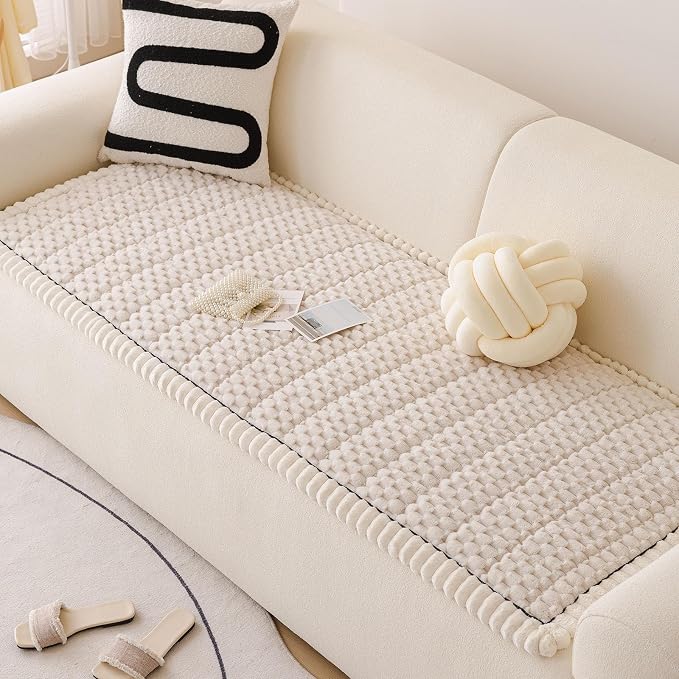 Faux Fur Couch Cover for Dogs Washable, Soft Cozy Non Slip Sectional Sofa Cover, Pet Couch Covers for 3 Cushion Sofa L Shaped, Furniture Protector for Pets Kids(Ivory,28"x94") - Image 5