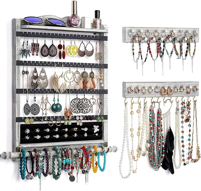 Wall Jewelry Organizer,3Pcs Hanging Jewelry Organizer,Wooden Jewelry Holder | Rustic Wall Mounted Jewelry Organizer and Storage,Wall Jewelry Hanger for Home Jewelry Storage Display by QILICHZ