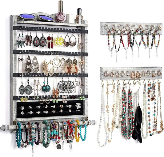 Wall Jewelry Organizer,3Pcs Hanging Jewelry Organizer,Wooden Jewelry Holder | Rustic Wall Mounted Jewelry Organizer and Storage,Wall Jewelry Hanger for Home Jewelry Storage Display by QILICHZ