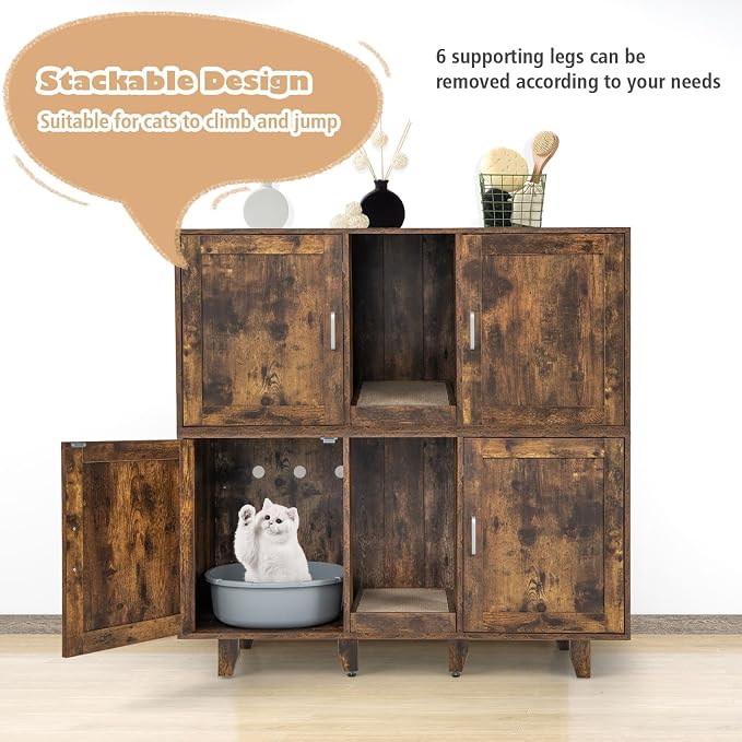 Tangkula Patented Double Cat Litter Box Enclosure for 2 Cats, Large Stackable Hidden Privacy Cat Washroom Cabinet with Scratching Board, Indoor Cat House TV Stand, Litter Box Furniture (Rustic Brown) - Image 9