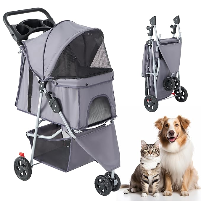 NEWBULIG 3 Wheel Pet Stroller for Dogs and Cats, Foldable, Lightweight and Durable, Ideal for Small to Medium Pets, Includes Storage Basket and Cup Holders