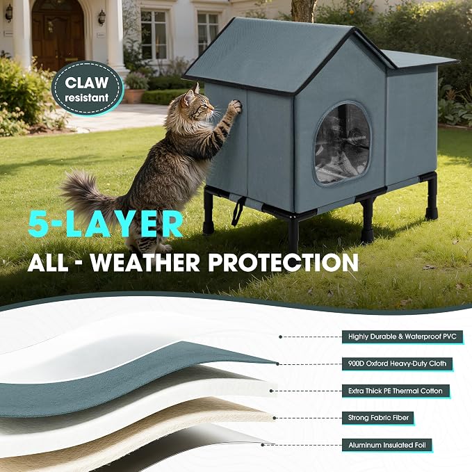Weatherproof Heated Cat House for Outside with Heating Pad, Elevated Feet Outdoor Cat House, Expanded Canopy Warm Cats Shelter, Heating Pet Beds for Feral or Stray Cats in Winter (Warm Grey, Unheated) - Image 3