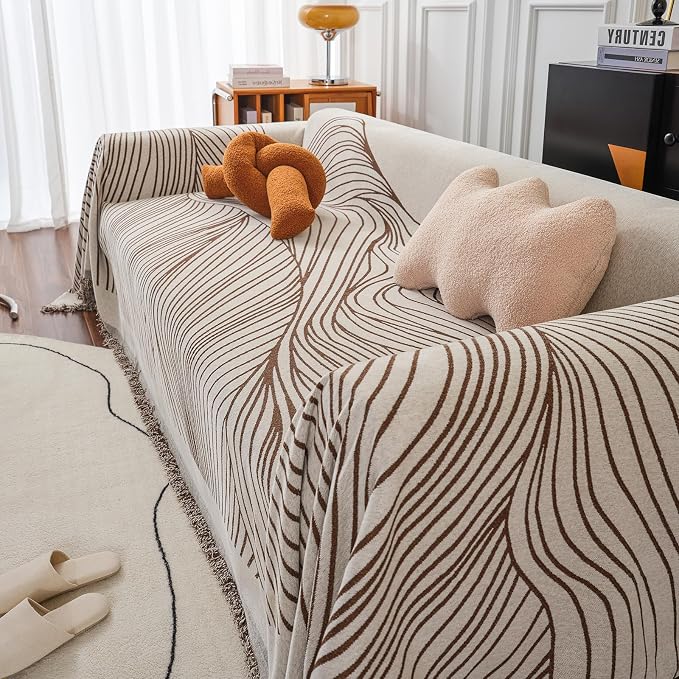VClife Large Sofa Cover Chenille Couch Cover for 2 Cushion Couch Sofa, Modern Beige Chocolate Striped Couch Covers for Kids Washable Sectional Sofa Protector with Tassel 71"X118" - Image 9