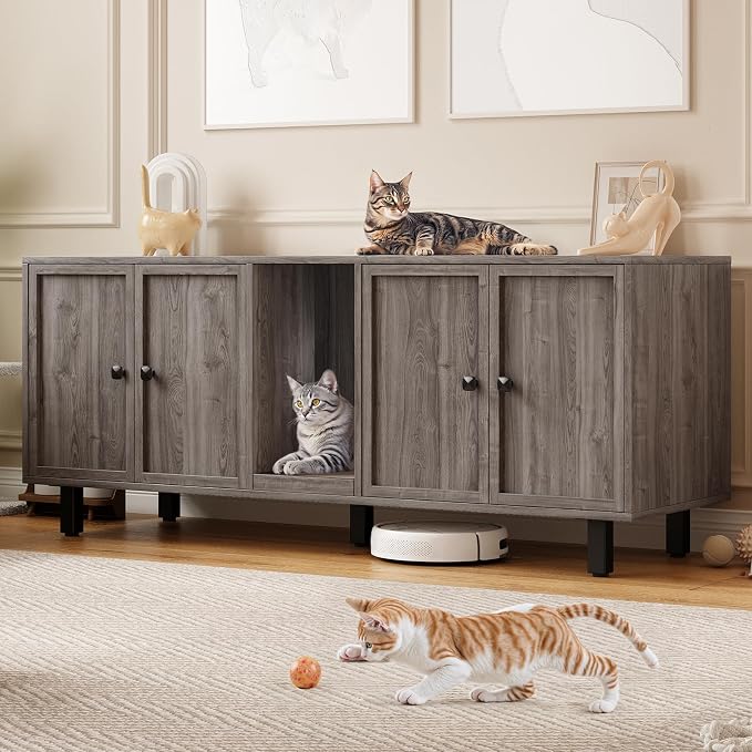 ONBRILL 59 Inches Cat Litter Box Enclosure for 2 Cats, Hidden Litter Boxes Furniture with Cat Scratch Pad, Large Indoor Pet House with Double Room, Wooden TV Stand Side Table, Grey by ONBRILL