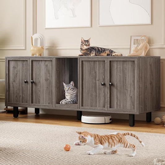 ONBRILL 59 Inches Cat Litter Box Enclosure for 2 Cats, Hidden Litter Boxes Furniture with Cat Scratch Pad, Large Indoor Pet House with Double Room, Wooden TV Stand Side Table, Grey by ONBRILL