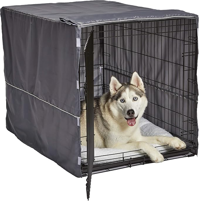 New World Midwest Homes for Pets Large Dog Crate Cover, Polyester Privacy Kennel Cover Fits Most 42-inch Crates, Light Gray, Machine Washable, Reduces Barking & Chewing by NewWorldPetProducts