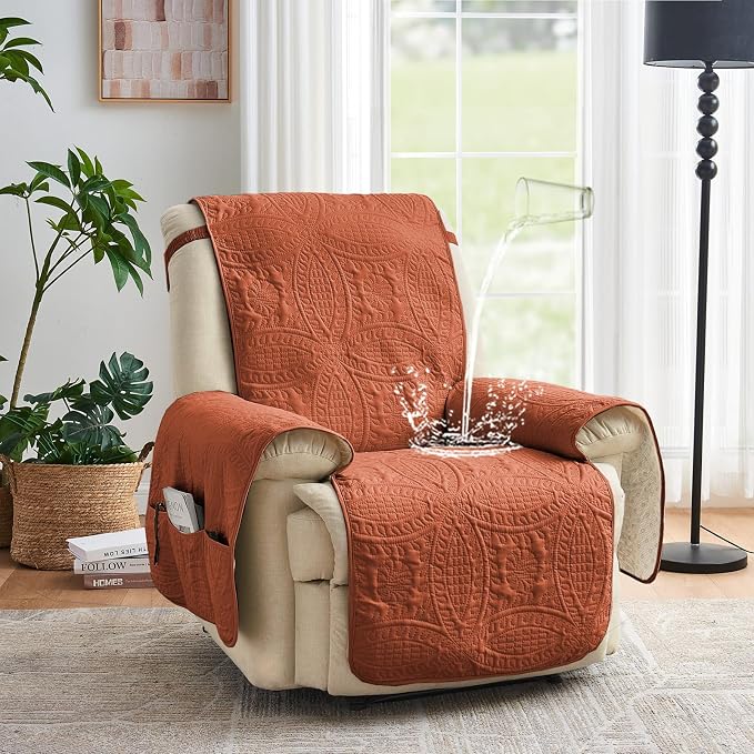 Orange Quilted Recliner Covers, Waterproof Large Recliner Chair Covers, Lazy Boy Chair Covers, Pet Friendly Recliner Slipcover for Dogs, Washable Sofa Couch Cover (Recliner 30", Burnt Orange) - Image 2