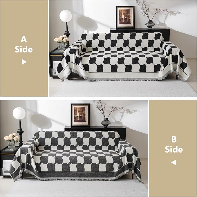 MEETSKY Couch Cover Sofa Cover Washable,Chenille Jacquard Sofa Covers for 2 Cushion Couch Sofa, Sofa Slipcover Loveseat Pet Couch Covers for Sectional Sofa, 71" x 118", Black Checkerboard - Image 4