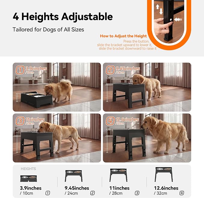 CZPET Elevated Dog Bowls, Splash Guard 4-Height Adjustable, Stainless Bowls | Mess Proof, Raised Stand with Two 2L Stainless Steel Bowls, Lifted Food Water Feeder for Small, Medium & Large Dogs - Image 2