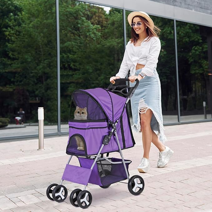 Pet Stroller 4 Wheels Dog Cat Stroller for Small Medium Dog Cats Carrier Jogger Travel Foldable Puppy with Storage Basket and Cup Holder (Purple)