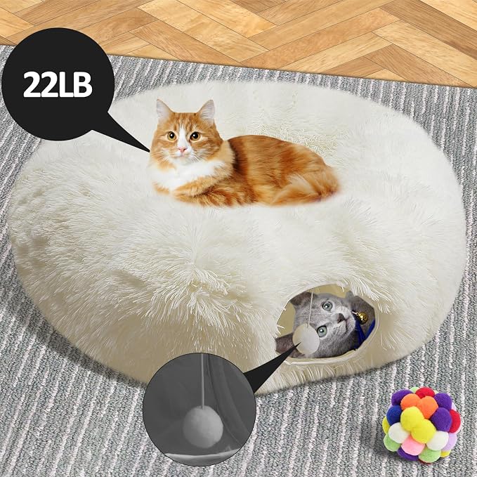 White Fluffy Warm Plush Cat Round Tunnel Tube, Soft Collapsible Multi-Combinations Cat Donuts Bed for Kitty Kitten Puppy Rabbit Ferret (White) - Image 3