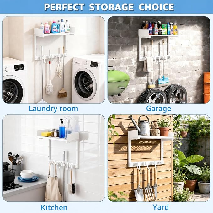Mop Broom Holder Wall Mount with Top Shelf, Broom Organizer Wall Mount | 15inch,Mop Broom Wall Hanging Heavy Duty Tools Storage Rack Space-Saving for Garage,Kitchen,Laundry Room - Image 3