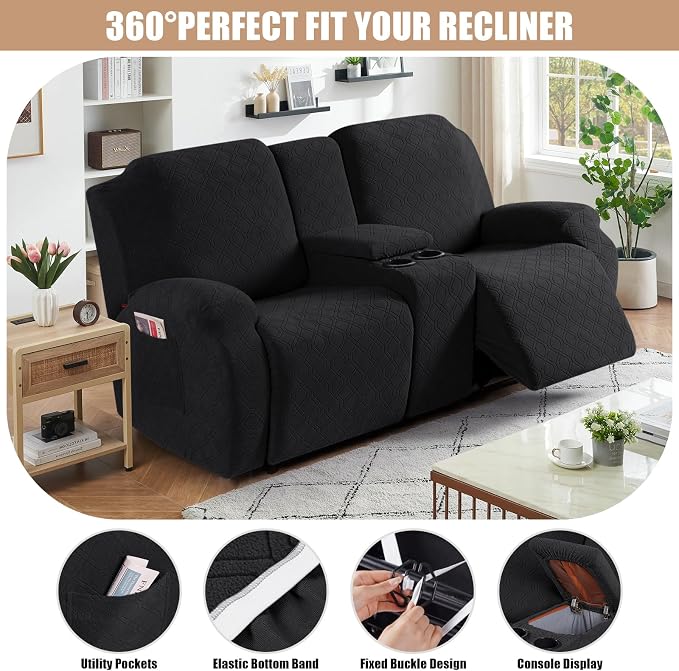 VANSOFY Recliner Loveseat Cover with Middle Console Stretch Reclining Sofa Slipcover for 2 Seat Jacquard Reclining Couch Sofa Covers Furniture Protector with Elastic Straps Bottom (Black) | 4-Pieces, Soft Furniture Protector, Washable Slipcover with Po... - Image 5