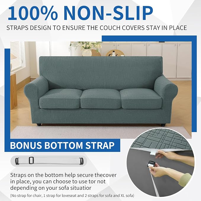 4 Piece Stretch Sofa Covers for 3 Cushion Couch, Non Slip Couch Covers for Sofa, Pet Couch Cover Washable, Couch Slipcover for Dogs, Kids (Sage Green), 91"-110" (3 Cushion XL Sofa) - Image 7