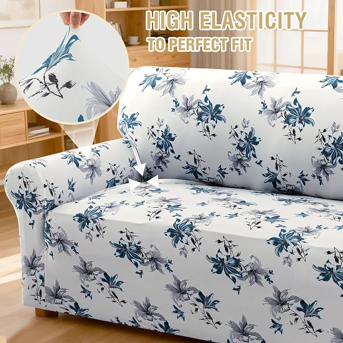 H.VERSAILTEX Floral Pattern Couch Covers for 3 Cushion Couch Sofa High Stretch Couch Cover Printed Pet Sofa Covers for Furniture Super Soft Fabric(Vintage Petal-Blue,Sofa) - Image 6
