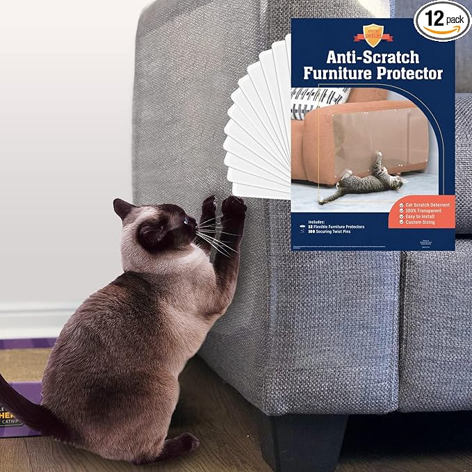 12 Pack XL Anti Cat Scratch Furniture Protector - Couch Protector from Cat Claws w/Twist Pins, Clear, Easy-to-Apply Scratching Deterrent and Shield for Sofa (Not for Leather, Velvet, Microfiber) by SteluccaAmazingShields