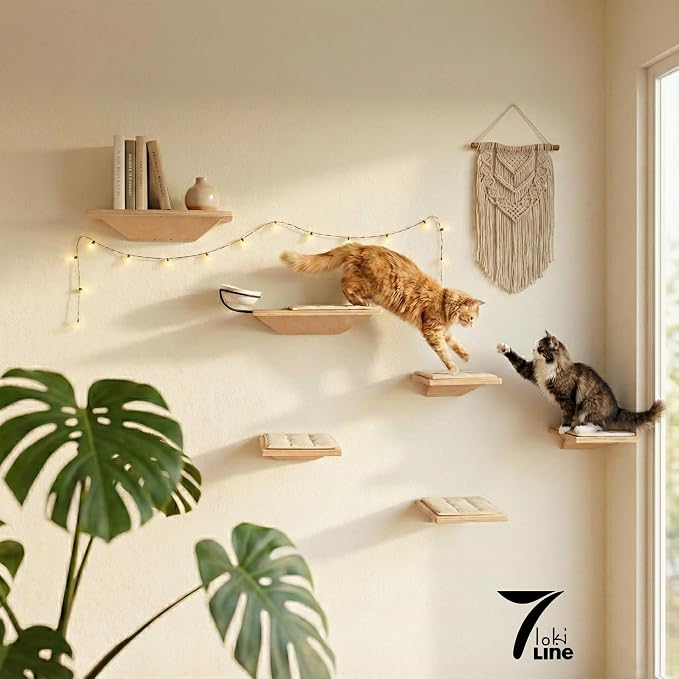 Wall Mounted Cat Shelves with Elevated Ceramic Feeding Station–Scandinavian Floating Design, Solid Plywood, Two Climbing Steps with Cotton Mats, Modern Cat Wall Furniture Set 300 ml Bowls - Image 5