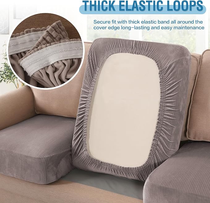 H.VERSAILTEX Velvet Stretch Couch Cushion Cover Plush Cushion Slipcover for Chair Loveseat Sofa Cushion Furniture Protector Seat Cushion Sofa Cover (2 Piece Large Sofa Cushion Covers, Taupe Striped) - Image 6